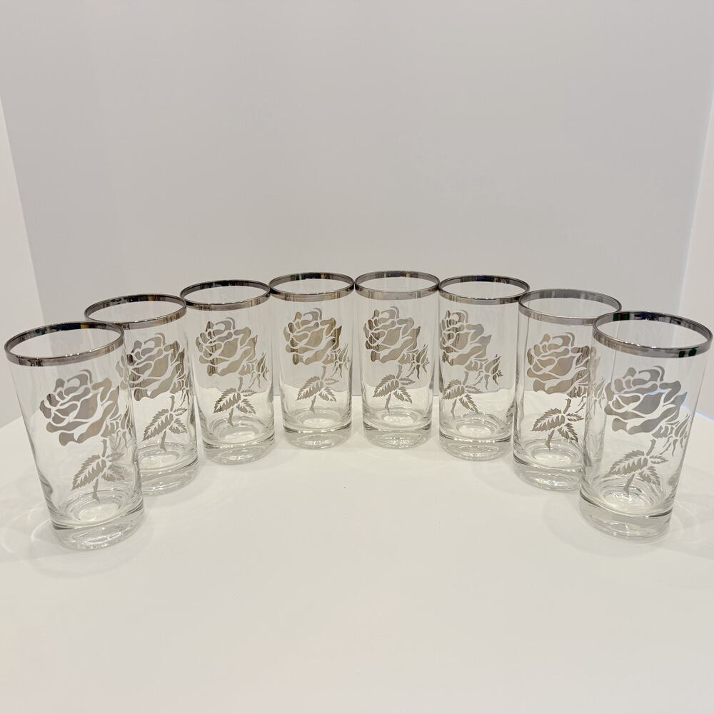 Vintage Set of (8) MCM Silver Band & Rose High Ball Barware Glasses